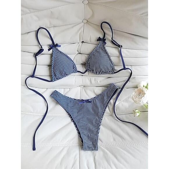 Seamoly Womens Small Gingham Tie Back Two Piece Thong Triangle Bikini Swimsuit - Picture 4 of 4